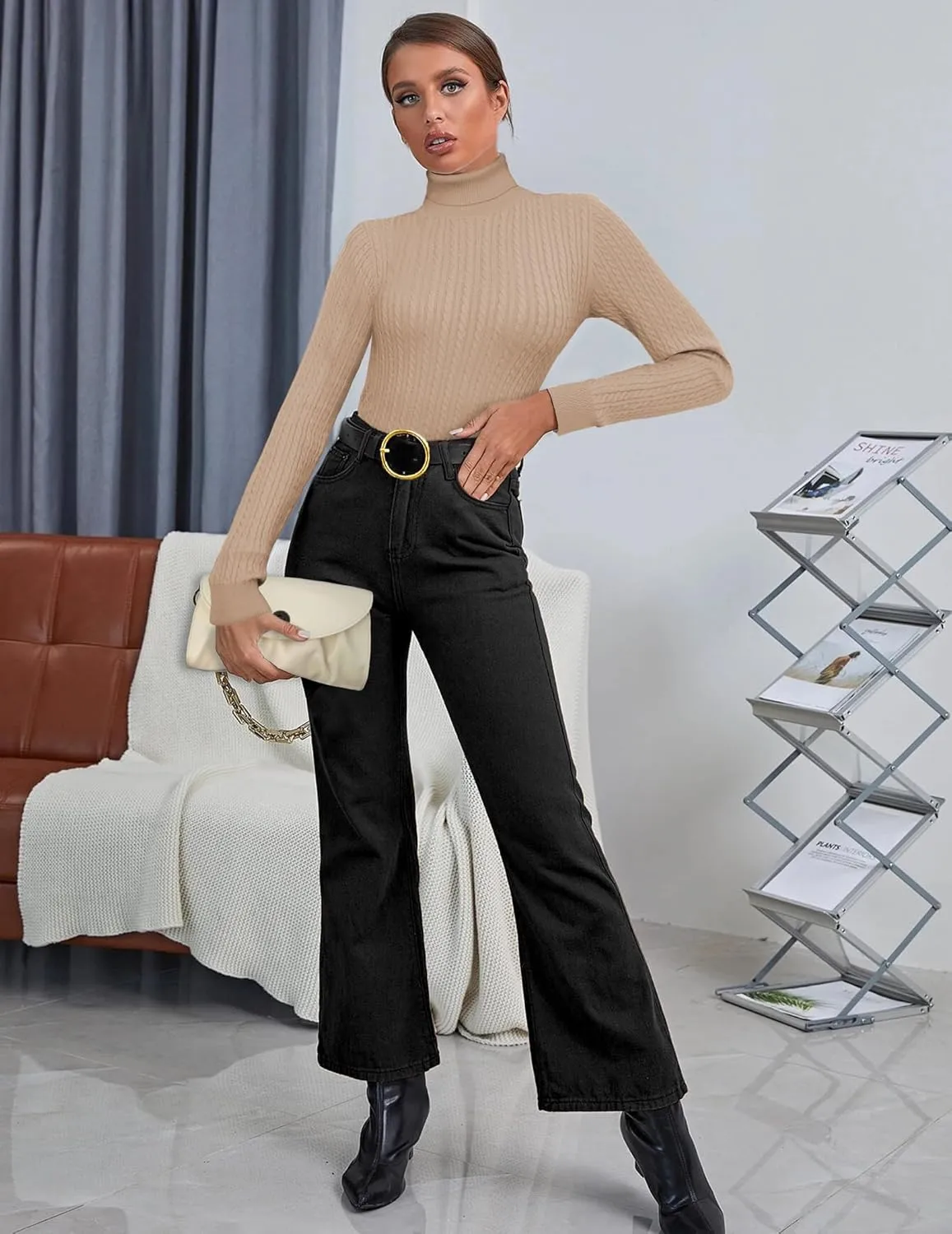 Zeagoo Womens Sweaters 2024 Turtleneck Cable Knit Long Sleeve Slim Fitted Basic Fall Tops