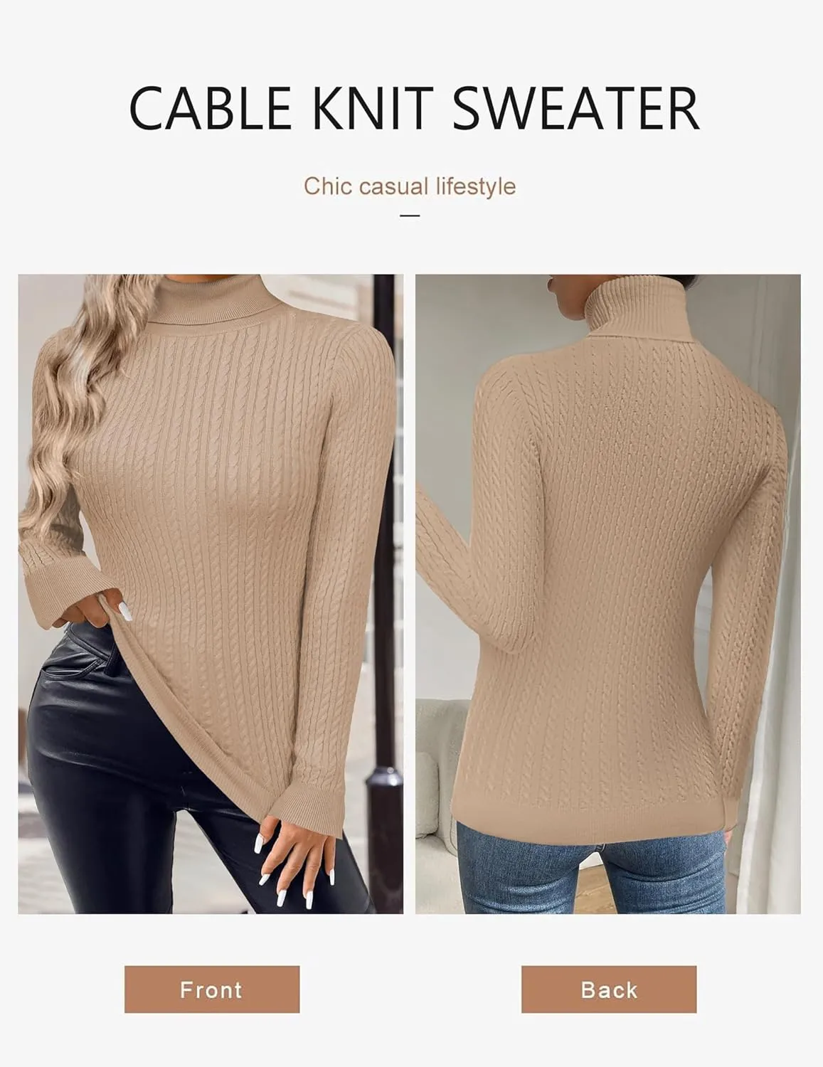 Zeagoo Womens Sweaters 2024 Turtleneck Cable Knit Long Sleeve Slim Fitted Basic Fall Tops
