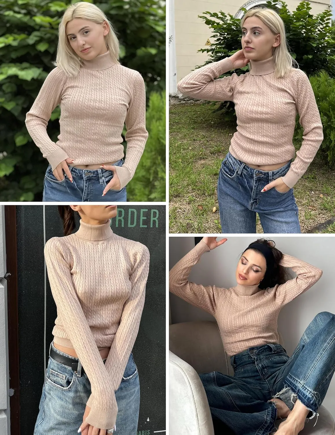 Zeagoo Womens Sweaters 2024 Turtleneck Cable Knit Long Sleeve Slim Fitted Basic Fall Tops